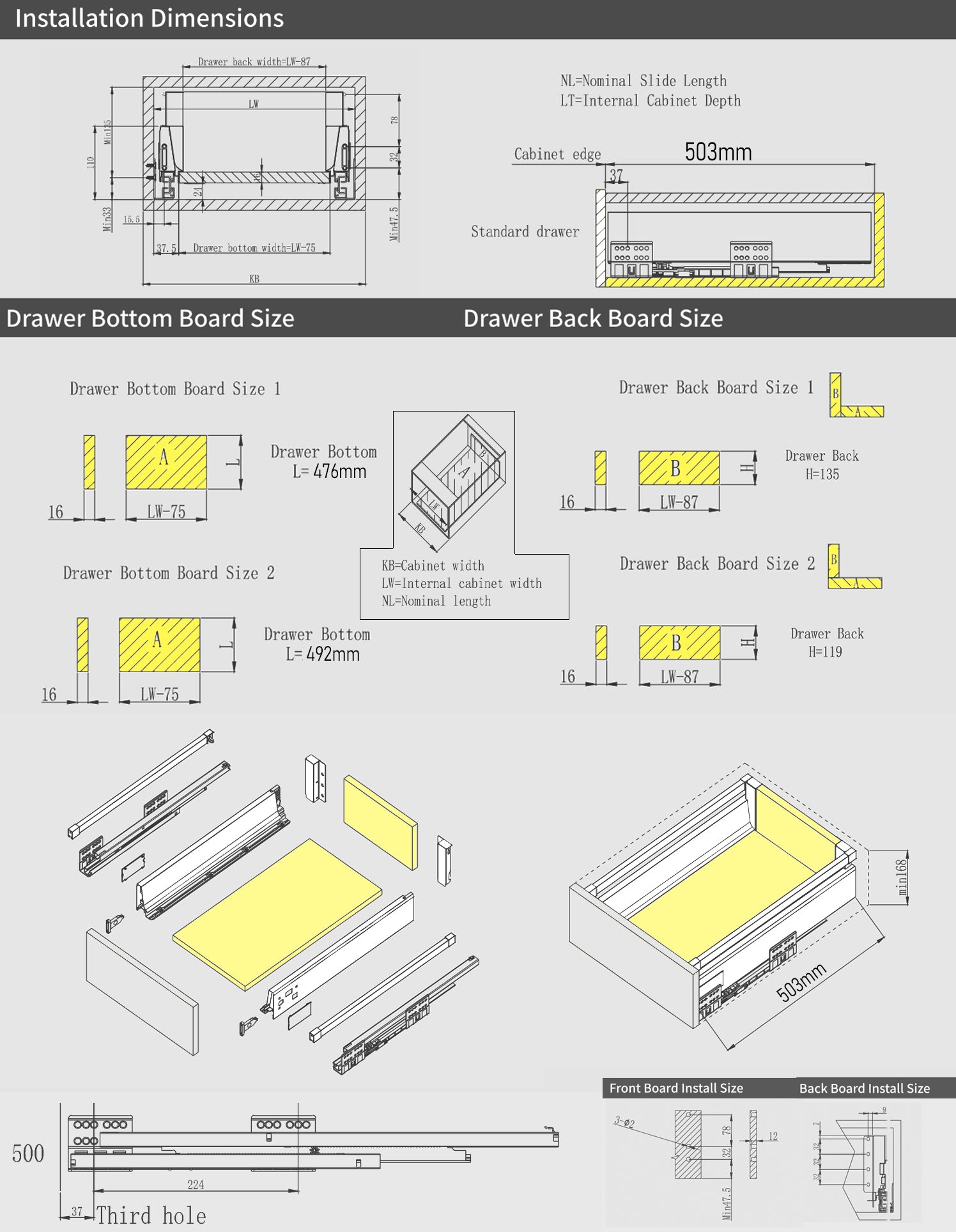 Soft Close Tandem Box Drawer System 500mm – White Heavy Duty Cabinet Drawer Runners