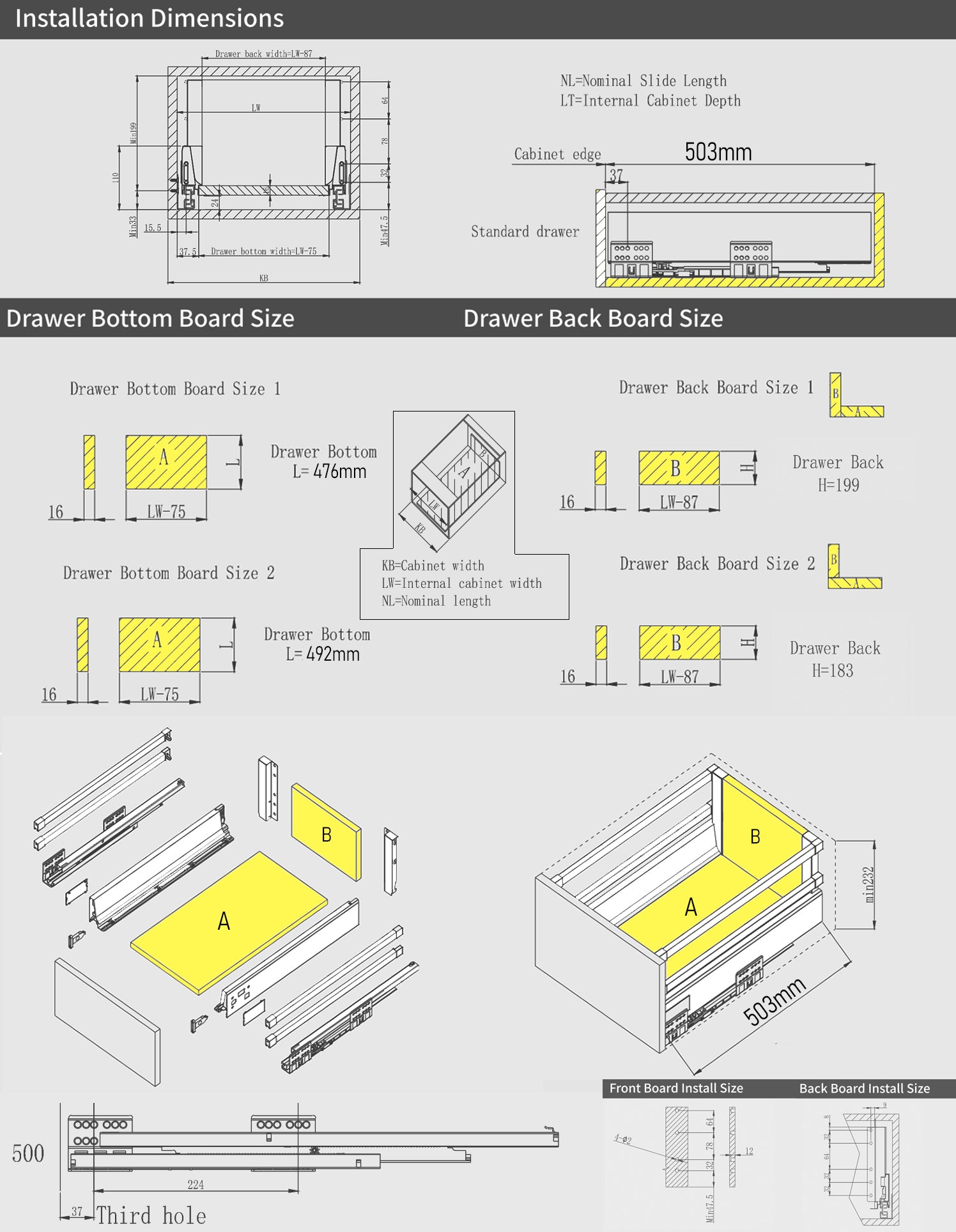 Soft Close Tandem Box Drawer System 500mm – White Heavy Duty Cabinet Drawer Runners