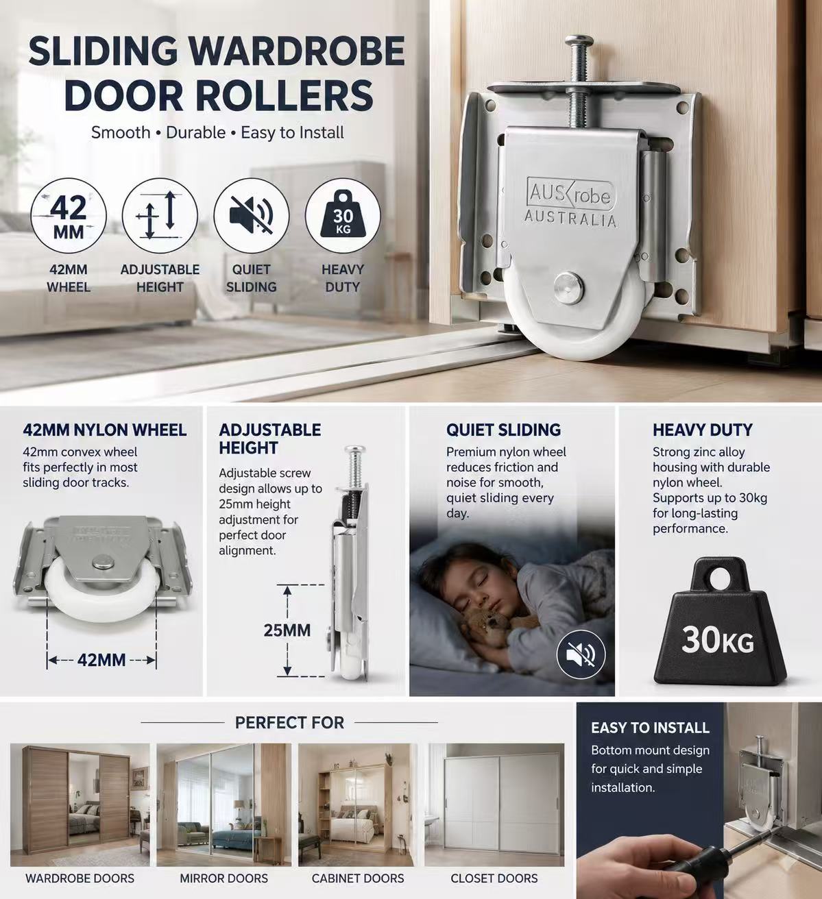 Sliding Wardrobe Door Rollers  Adjustable Nylon Wheel Replacement for Sliding Closet & Mirror Doors