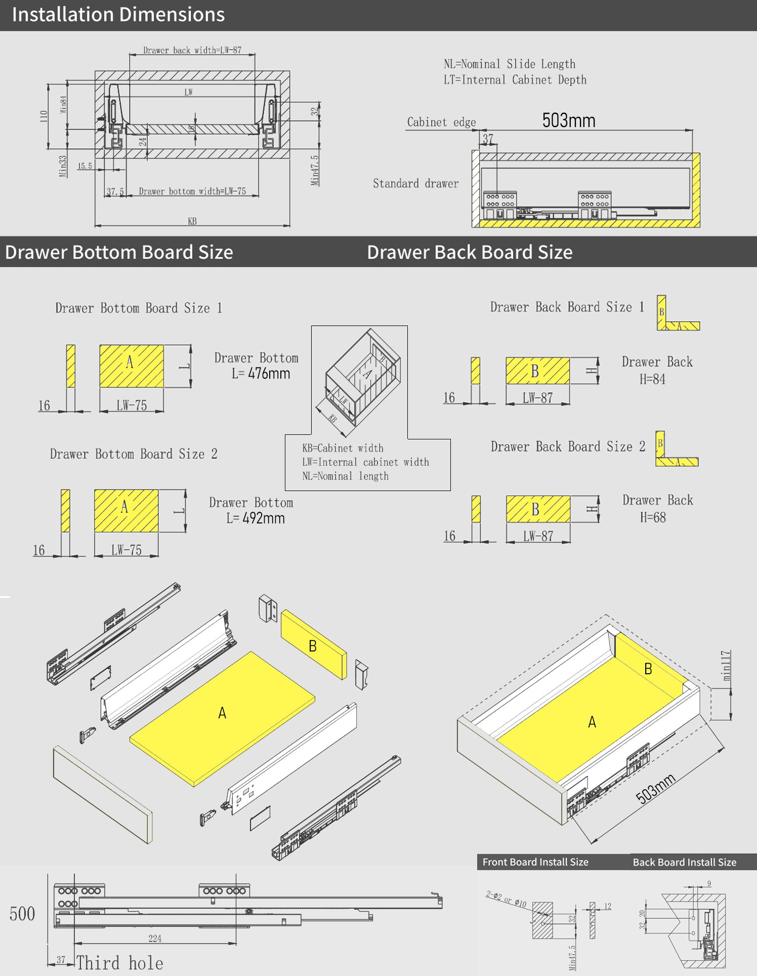 Soft Close Tandem Box Drawer System 500mm – White Heavy Duty Cabinet Drawer Runners