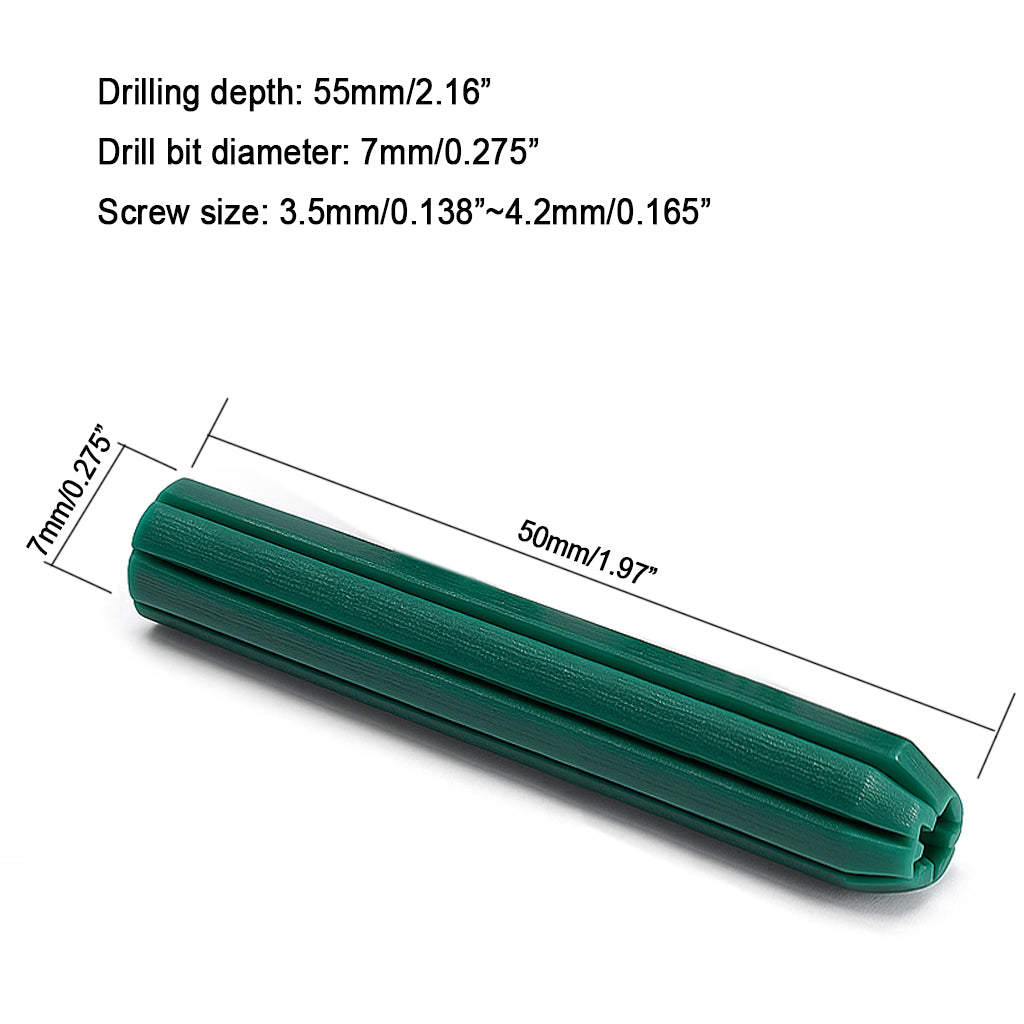 7Wx50Hmm Green Wall Plugs for Concrete & Brick – 500PCS/ Pack PE Masonry Expansion Anchors, Fits 3.6–4.2mm Screws