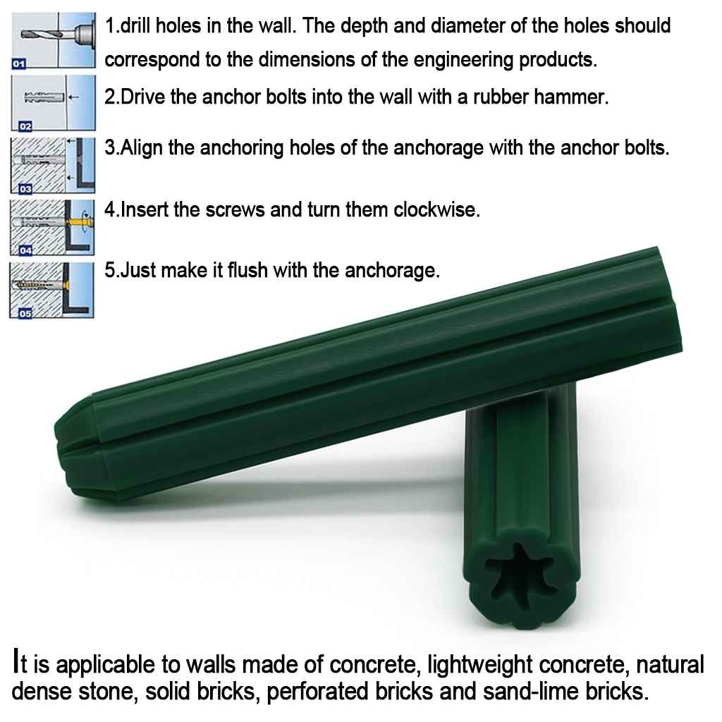 7Wx50Hmm Green Wall Plugs for Concrete & Brick – 500PCS/ Pack PE Masonry Expansion Anchors, Fits 3.6–4.2mm Screws