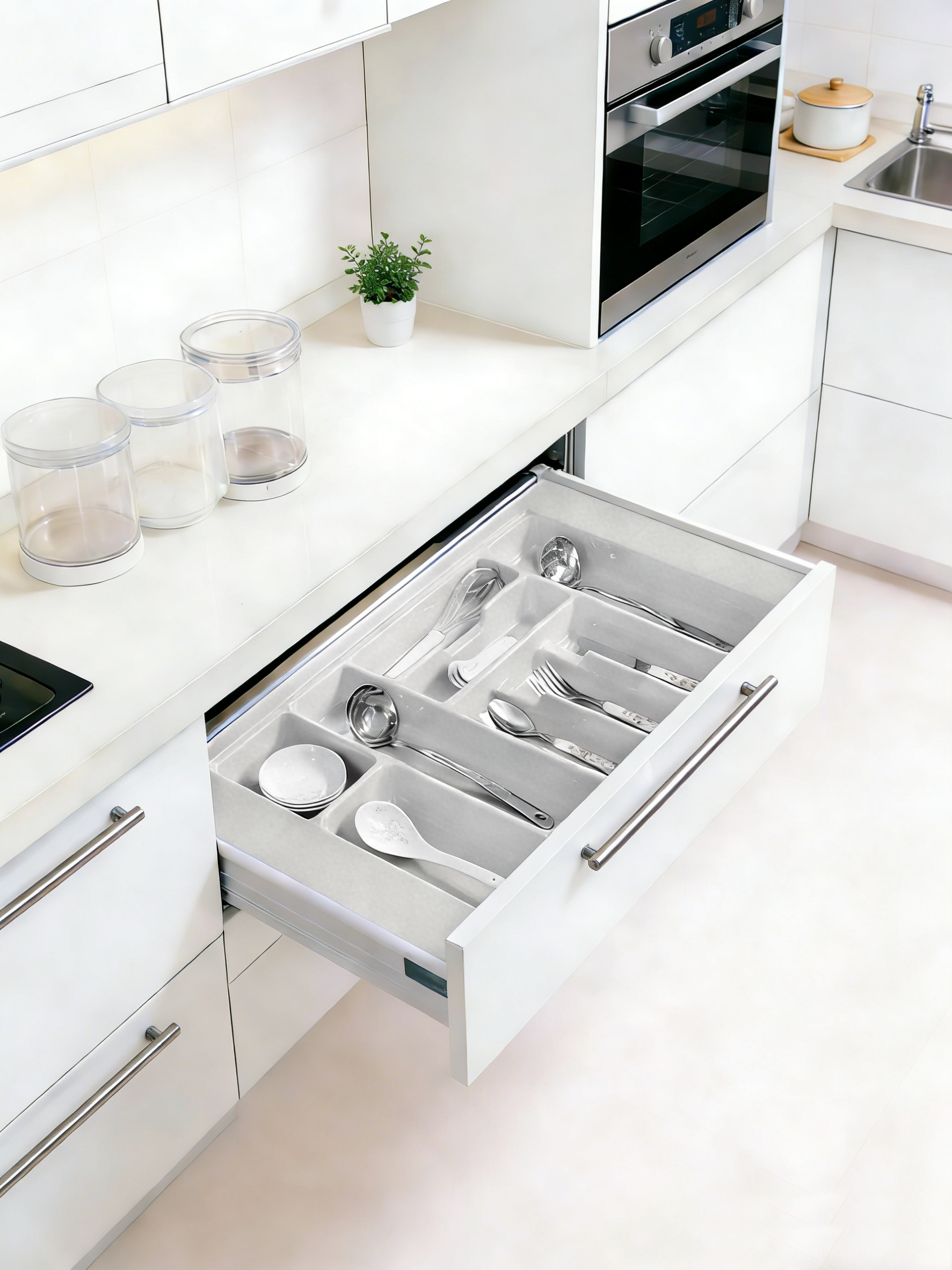 Cutlery Tray for Kitchen Cabinets – 450–1000 mm Cabinet Width | Grey / White